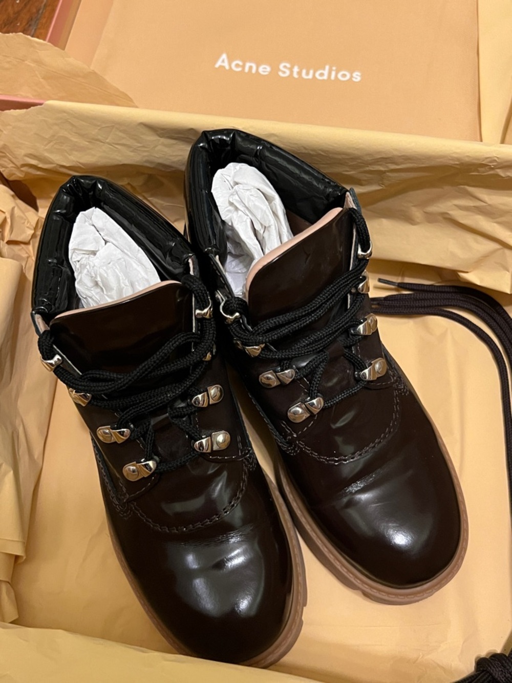 Acne Studios Dark Brown Tinne Patent Lace-Up Boots